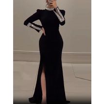 Women's Spring Long Sleeved Slim Banquet Dress Casual Rhinestone Patchwork Dresses Elegant Half High Neck Waist Wrap Hip Dress