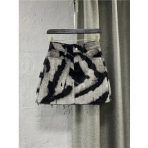 Black Gray Tie Dye Denim Short Skirt High Waist Personalized Pattern Denim Skirt Fringed A-line Skirt Fashion Versatile Skirt