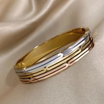 Trendy Triple Color Stainless Steel Bangle Bracelet for Women Men Chunky Glossy Gold Plated Stacked Bracelets Waterproof Jewelry