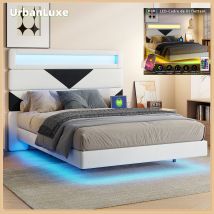 Letto matrimoniale 160x200 cm, con doppia porta di ricarica USB e striscia luminosa a LED, testiera triangolare, pannello in legno regolabile, velluto