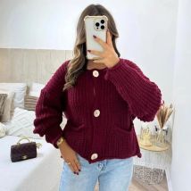 HXAO 2024 Woman Burgundy Crochet Cardigan For Women Autumn Cropped Knit Outerwears Loose O-Neck Long Sleeve Top Women Knitwears