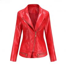 2026 Women's Bright Red Lapel PU Jacket, Zippered Embellished Leather Jackets, Women Fashion Casual Coat of Female Outerwear