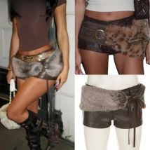FAGADOER Y2K Sexy Brown Leather Shorts Womens Leopard Fur Belts Love Heart Low Waisted Gothic Punk Micro Shorts + Fluffy Belt
