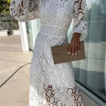 Lace Puff Sleeve Long Dress Women 2025 Spring Elegant New Fashionable Stand Collar High Waist Slim Dresses