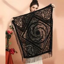 110X110Cm Jacquard Flower Shawl Lady Elegant Tassel Square Scarf Vintage Ethic Style Qipao Capes Autumn Poncho Luxury Pashmina