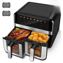 9Qt 8-in-1 Dual Air Fryer XXL with Viewing Window, Double Baskets, Sync Cook & Finish to Bake, Roast, Reheat, Dishwasher Safe