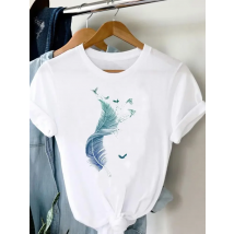 Tee Women T-shirt Summer Short Sleeve Print Clothes Graphic T Shirt Feather Painting Bird Clothing Fashion Female Top