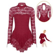 Women Ballet Dance Dress Long Sleeves Floral Lace Chiffon Gymnastics Workout Leotard for Lyrical Dancewear Stage Performance