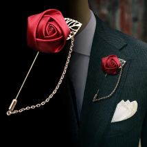 1 Pcs High-grade Ribbon Men Rose Flower Golden Leaf Fashion Brooch Pin Suit Lapel New Men Wedding Boutonniere Brooch Jewelry