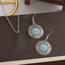 Boho Blue Flower Dangle Earrings Set Women Girls Vintage Silver Color Carved Round Jewelry Sets Female Party Jewelry Accessories