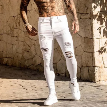 Fashion White Elastic Skinny Pants Man Ripped Jeans Male Streetwear Vintage Wash Solid Denim Trouser Mens Casual Slim fit Pants