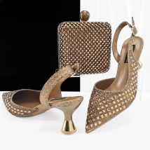 Queena Yan Coffee Color Elegant Lady Shoes And Bag Set with Full Rhinestone Embellished Pearls-knot And Comfortable Heel