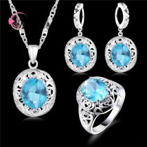 925 Sterling Silver Glamorous Blue Round Crystal Stone Earring Necklace Holiday Gift Ceremony Jewelry Set Cubic Zirconia