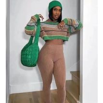 Women 2 Piece Set Long Sleeve Striped Sweater and Sweat Pants Suits 2024 Winter Fitness Active Two Piece Lounge Sets Tracksuit