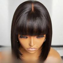 Straight Human Hair Wigs With Bangs Fringe Middle Part Bob Lace Wigs Realistic Scalp Brazilian Straight Bob Lace Wigs With Bangs
