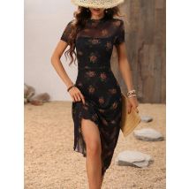Goth Dark Elegant Fashion Florals Print Short Sleeve Mid Dress Fairy Grunge Mesh Patchwork Double Layer Dresses Gothic Techwear