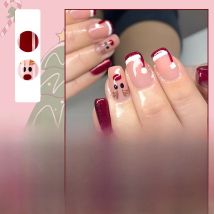 24pcs Christmas Press-On Nails Set Red & Pink With Cute Elk Designs False Nails Short Square Shape For Festive Holiday Manicure*