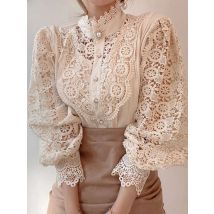 Women Chiffon Button Turtleneck Shirt Chic Elegant Floral Lace Fluffy Long Sleeve Top Fashion Hollow Oversize White Blouse 2025