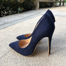Veowalk Navy Blue Women Synthetic Suede High Heels Pointed Toe Slip on OL Ladies Stiletto Pumps 8 10 12cm Fashion Wedding Shoes