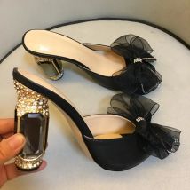 Mesh Bow Ladies High Heel Slippers Round Toe Drill Heel High Heel Slippers Fashion Party High Heel Slippers