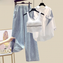 2025 Summer New Elegant Women's Pants Set Casual Shirt Jeans Trousers Vest Three Piece Set Female Tracksuit Blouse Blazer Suits