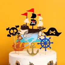 Nautical Cake Topper Flags Skeleton Pirate Ship The Skull and Bones Rainbow Cupcake Toppers Birthday Decoration Party Baking DIY