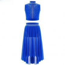 Girls Ballet Figure Skating Costume Sleeveless Rhinestones Crop Top with Mesh Skirt Praise Modern Dancewear Lyrical Dance Outfit