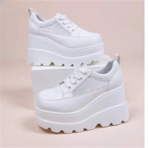 White Shoes Women Lace Up Genuine Leather Wedges High Heel Pumps Shoes Female Breathable Chunky Platform Fashion Sneakers