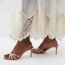 Crystal-embellished Leather Mules Round Toe Thin High Heel Slip On Fashion Summer Women Slides Strappy Open Toe Shoes