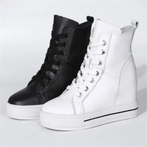 Women Genuine Leather 8cm Hidden Wedge Sneakers Platform Shoes High Heels Sneakers Woman Casual Shoes  White Women Trainer