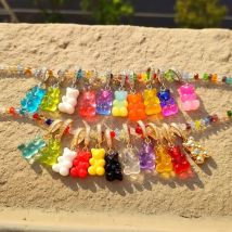 Korean Glass Beaded Collar Shiny Jelly Gummy Bear Pendant Necklace Jewelry Silver Color Zircon Mini Bears Beads Neckalces Women