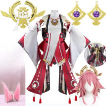Yae Miko Full Set Guuji Yae Cosplay Costume Wig Earning Headwear Ears Tail for Comic Con