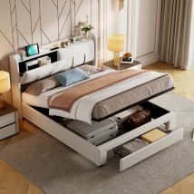 Letto boxspring con cassetto 160x200 cm, letto adulto con LED regolabile, letto matrimoniale imbottito con 1 cassetto