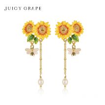 Saftige Trauben emaille Sonnenblumen blume und Bienen ohrringe-Clip-On-Ohr-Accessoires für Frauen mit einer wald ähnlichen und mädchen haften Atmosphäre