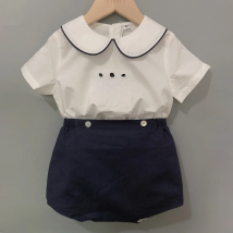 Children Boutique Clothing Set Toddler Boy Short Sleeves Soldier Embroidered Clothes Cotton Shirt Linen Shorts Prince Ins Hot