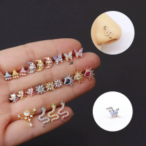 1PC L Shaped Stainless Steel Nose Studs Piercing Body Jewelry Colorful CZ Butterfly Snake Indian Nose Rings Screw Nose Piercing