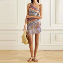 Sexy Diagonal Collar Backless Irregular Mini Dress Lady Fashion Tassel Patchwork Short Dress Elegant Striped Print Bodycon Dress