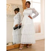 2024 New Autumn Retro Printed White Lace Dresses Mock Neck Long Sleeve See through High Waist Event Birthday Wedding Guest Gowns