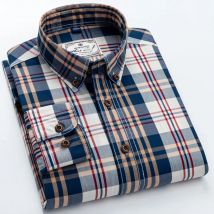 Men's 100% Cotton Plaid Long Sleeve Casual Shirt, Spring Autumn Lightweight & Breathable Slightly Slim Fit Button Down Shirts