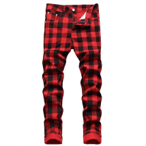 European Style Plaid Mens Jeans 2022 Mens Fashion Slim Denim Pants Biker Hip Hop Casual Elastic Waist Printed Trousers