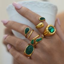 Exquisite Damen-Edelstahlringe mit grünem Zirkon-Design, 18 Karat vergoldet, wasserdicht, hochwertiger Damenschmuck für den täglichen Gebrauch usw