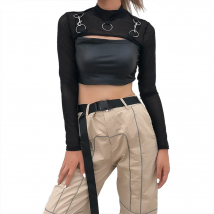 Fashion Women Lady Mesh Long Sleeve O Neck Crop Tops Bikini Cover Up T-Shirt Blouse Sexy Girls High Neck See Through Blouse