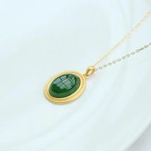 Natural Hetian jade green  Oval Pendant Necklace Chinese style retro unique gold craft charm women's silver jewelry