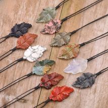 Leaf Shape Gems Stone Pendant Necklace For Women Quartz Crystal Leather Necklace Luxury Birthday Wedding Handmade Jewelry Gifts
