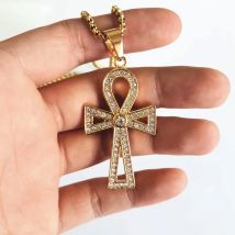 Gold color Cross Pendant Necklace Anka Egypt Men's 316L Stainless Steel with rhinestone Jewelry