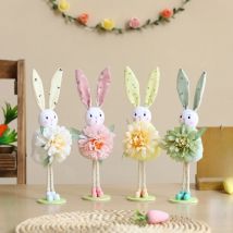 Easter Bunny Decor White Yellow Green Pink Flower Yarn Skirt Standing Bunny Dolls Ornament Happy Easter Home Decor Kid Gifts