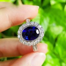 3.6ct 8x10mm oval lab grown Pigeon blood red ruby Royal blue sapphire stone with small white Moissanite Ring Silver 925 Women