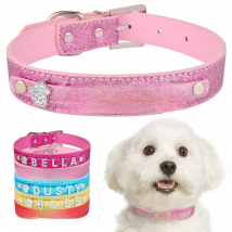 Personalized Dog Collar Leather Rhinestone Bling Charms Custom Pet Dogs Cat Name