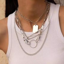 Salircon Goth Multi Layer Safety Pin Key Chains Necklaces for Women Punk Geometric Tag Pendant Necklace Gothic Jewelry Gift 2021