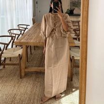 Clacive Casual Loose Khaki Cotton 2 Piece Sets Women Outfit Fashion Puff Sleeve Lace-Up Shirt With High Waist Long Skirts Set